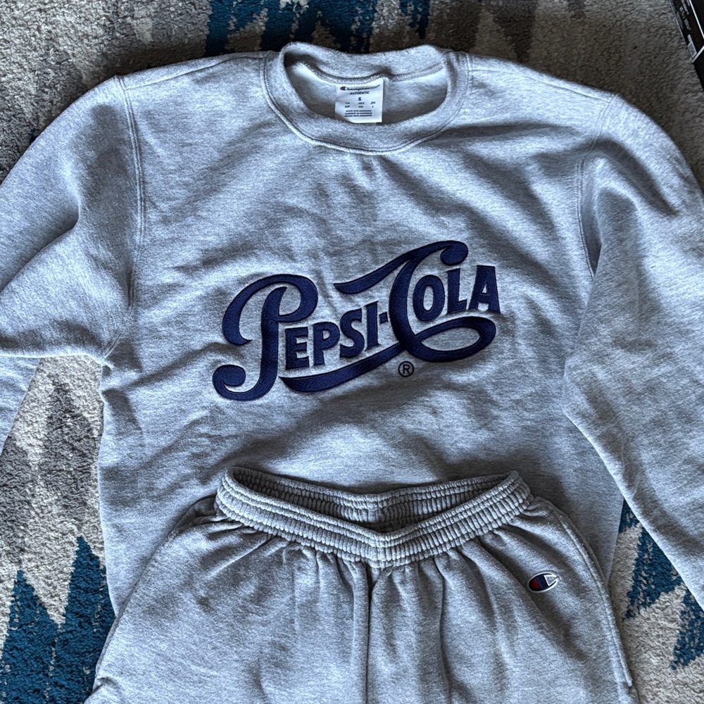 Champion Gray Crewneck Sweater and matching joggers.